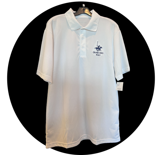 Ladies Polo, White, Navy Grand Oaks Polo Logo on Chest, Water Wicking, L